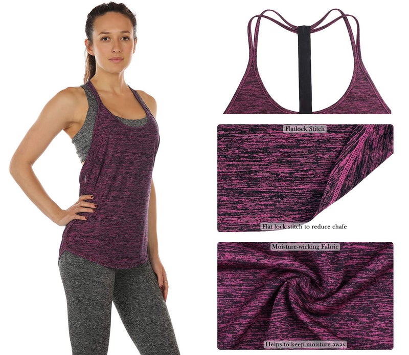 icyzone Workout Tank Tops for Women - Athletic Yoga Tops, T-Back Running Tank Top(Pack of 2) (L, Black/Red Bud) - Image 5